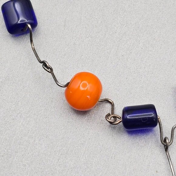 VTG Artisian Necklace Sterling Silver Cobalt Blue & Orange Beaded Necklace 16" - Picture 5 of 11